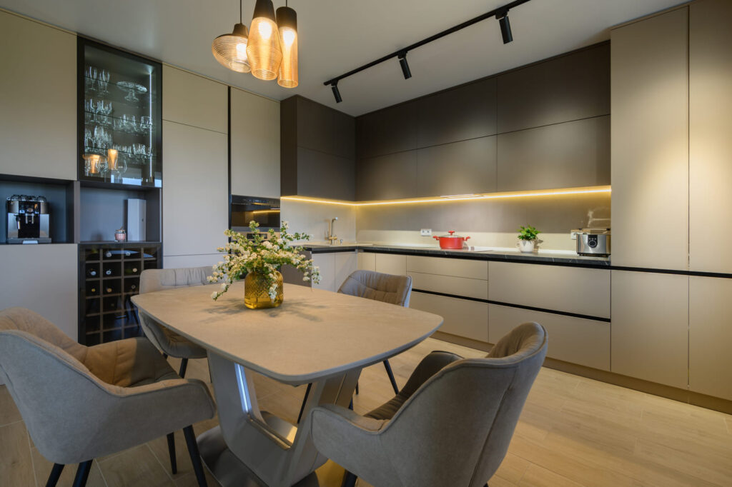 Fall remodeled kitchen, monochromatic and modern interior and finishes